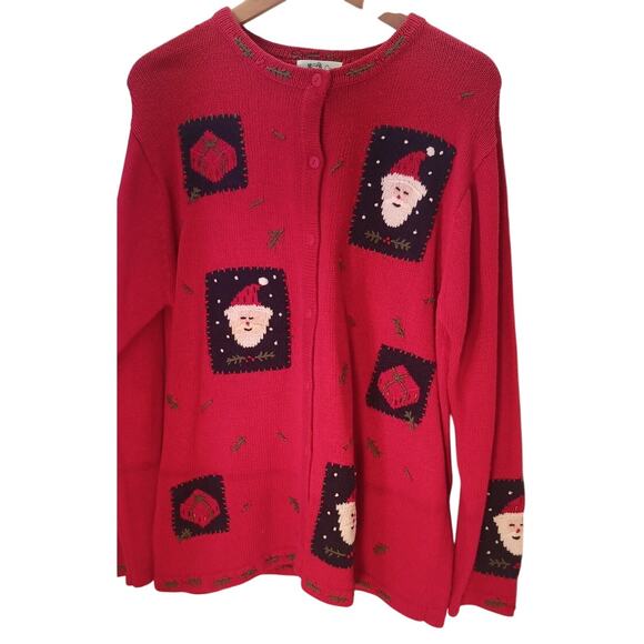 VTG Quacker Factory Christmas Cardigan Red Santa Embroidered Sweater Large - Picture 1 of 6